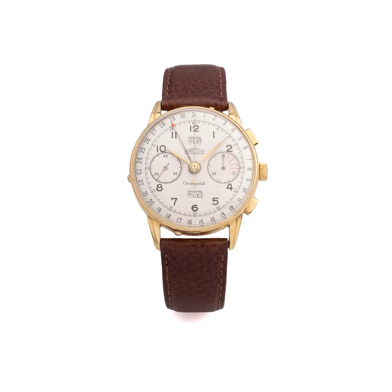 Angelus Watch Ref. 36, chronograph, minute counter, triple date à guichets (with apertures), calibre 217, silver dial; “Chronodato”; 18K yellow gold kol saati