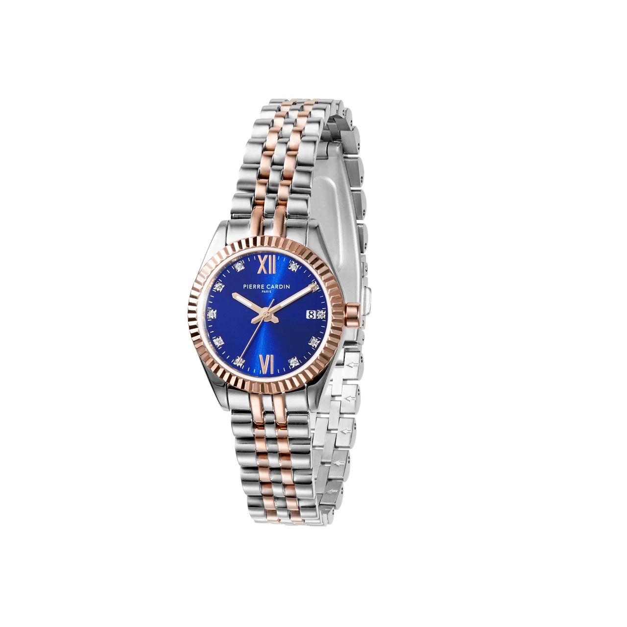 OPERA PLISSÉ Opera Two Tone Rose Gold and Stainless Steel Date Watch with Fluted Bezel and Crystals on a Blue Dial COP.1005 28 mm kol saati