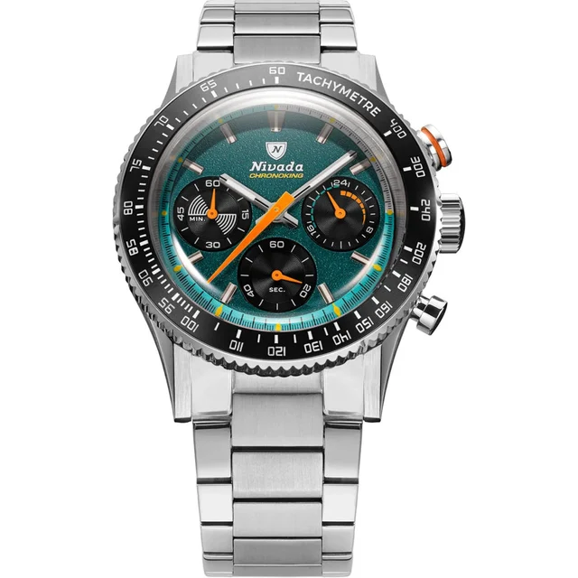 Nivada Grenchen Chronoking Mecaquartz Racing Green On Bracelet Flat Link 87051Q20 kol saat