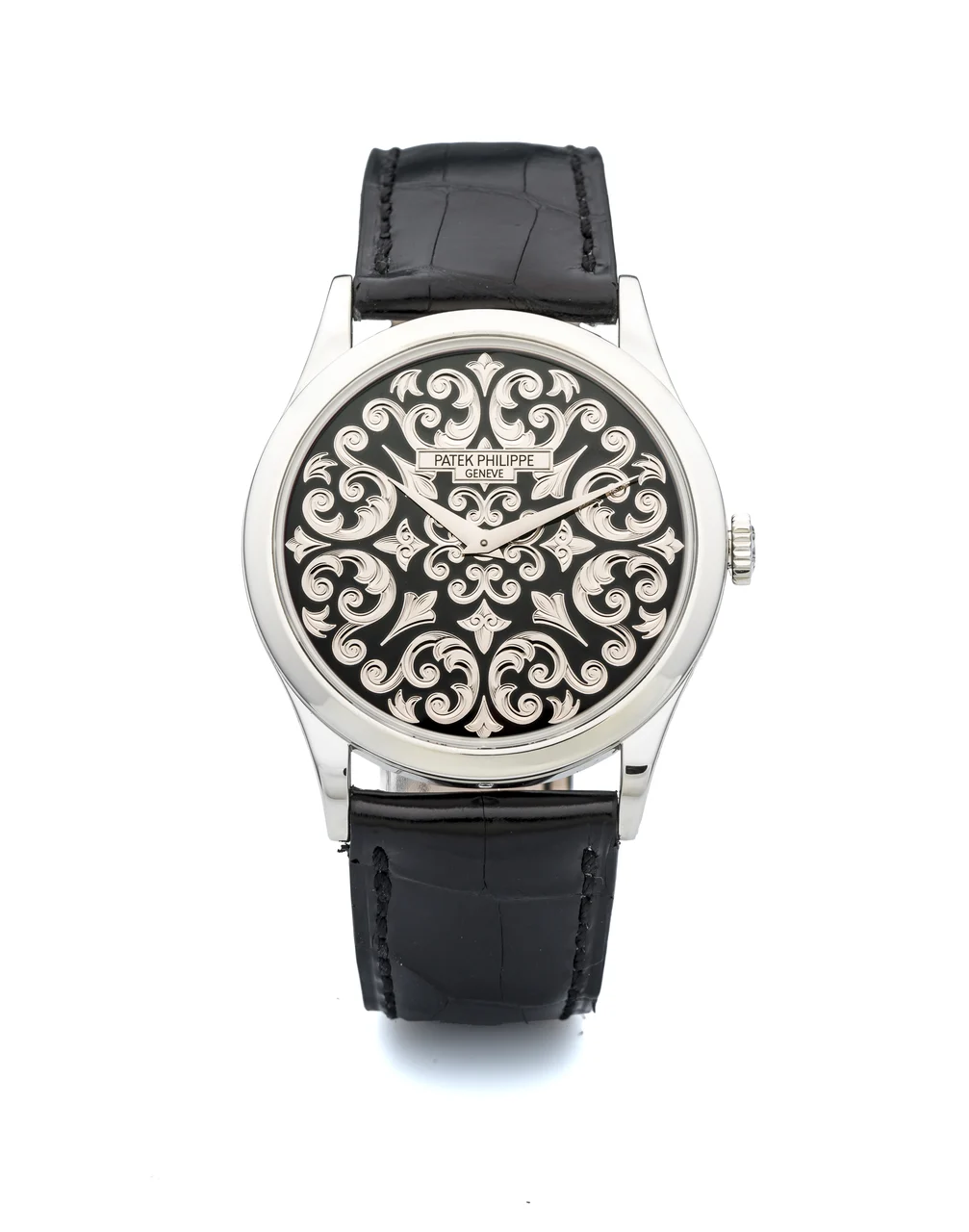 Patek Philippe PATEK PHILIPPE, REF. 5088, BLACK CHAMPLEVE ENAMEL DECORATION, FIREARMS DECORATION A very fine and extremely rare, self-winding, platinum and champleve black enamel decoration wristwatch. kol saati