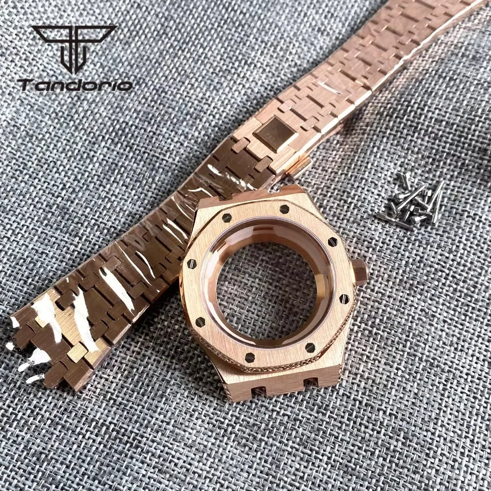 Tandorio Octagon Case PVD Black/Rose Gold Stainless Steel 42mm Royal Oak Style Brushed Watch Case Bracelet Octagon Design Sapphire Glass Fit NH35 NH36 Movement Glass Back 1005004959465125-rose gold 42 mm kol saati