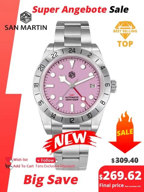 San Martin Pink Dial BB GMT NH34 39mm Classic Luxury Busines kol saati