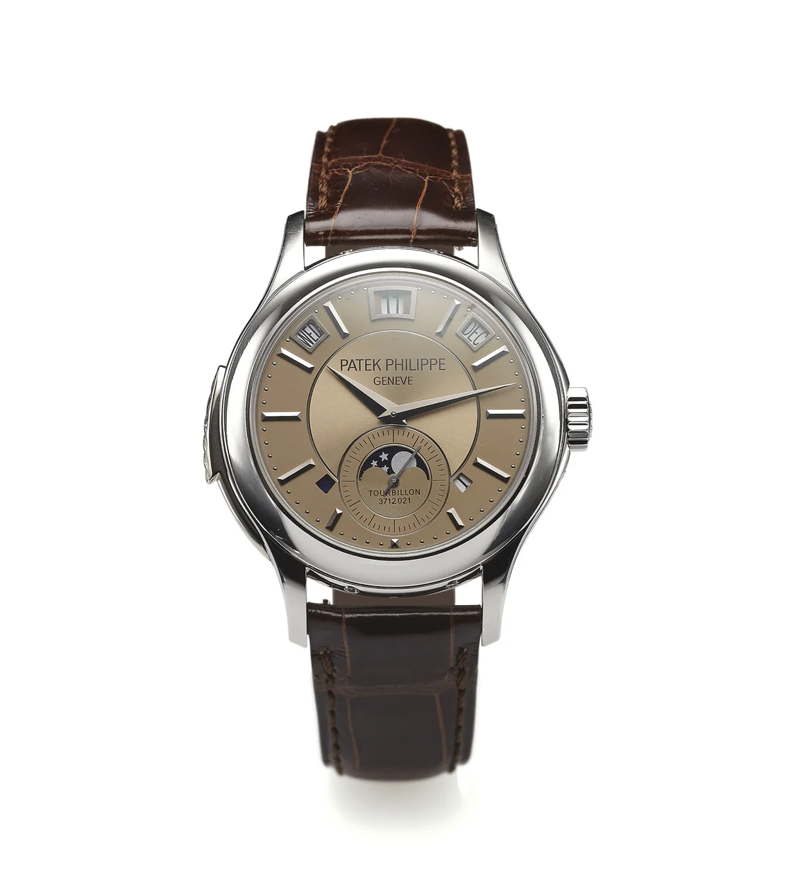 Patek Philippe PATEK PHILIPPE, REF. 5207P. PERPETUAL CALENDAR, TOURBILLON, MINUTE REPEATER An extremely fine, rare and complicated, manual wind, platinum, perpetual calendar, tourbillon wristwatch with minute-repeater. kol saati