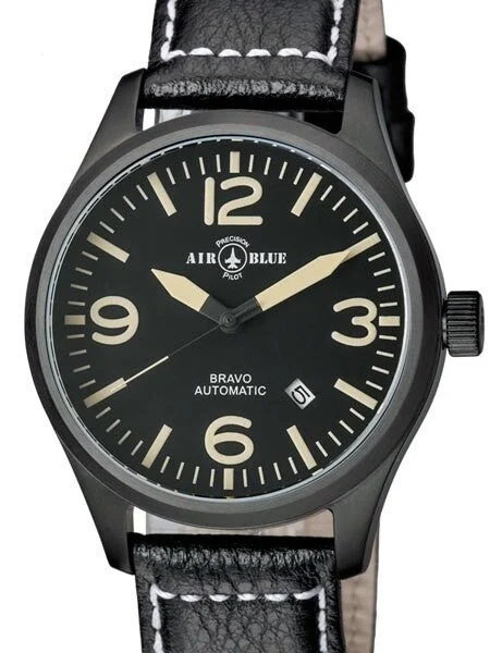 Air Blue Bravo Automatic Pilot Watch with 44mm PVD Case, Sapphire Crystal #BRAVOAUTOPVDBLKTAN 44 mm kol saati