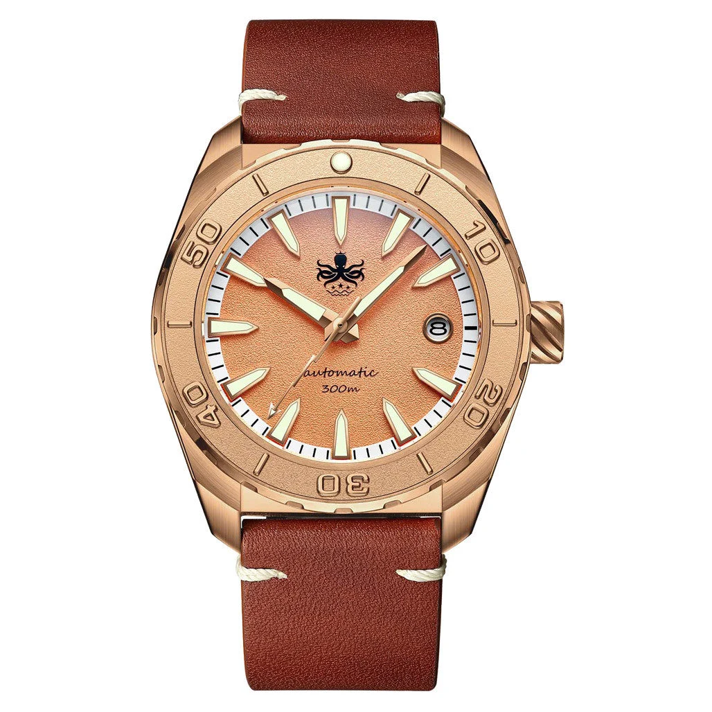 Phoibos Proteus Bronze 300M Dive Watch with Salmon Dial #PY046E kol saati