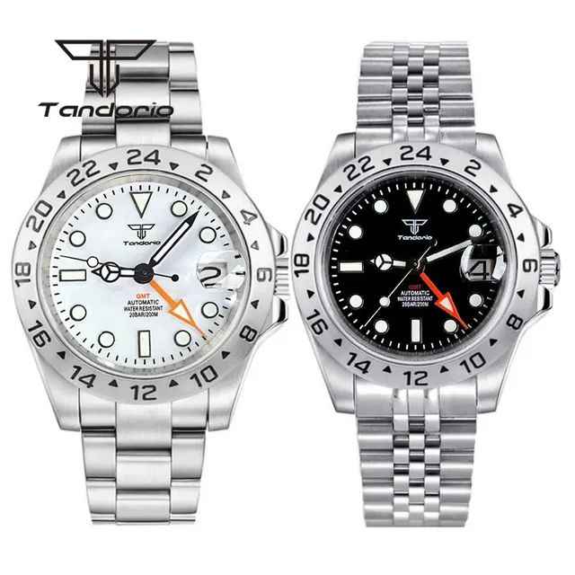 Tandorio GMT Watch TD051 10bar Diver Sapphire Crystal Glass Back 14:173#logo-band 2-hands 