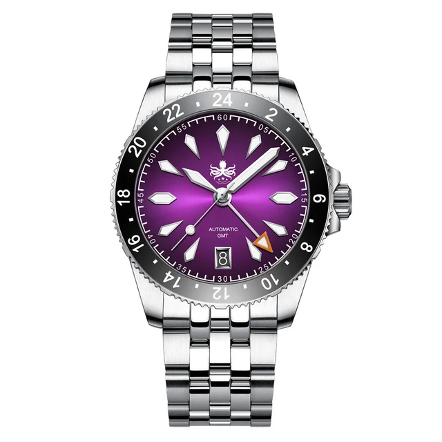 Phoibos Voyager GMT 100M Automatic Diver Watch PY058E Royal Purple Sunray #PY058H kol saat