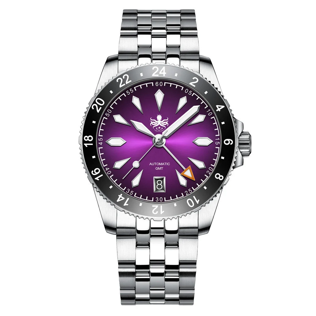Phoibos Voyager GMT 100M Automatic Diver Watch PY058E Royal Purple Sunray #PY058H kol saati