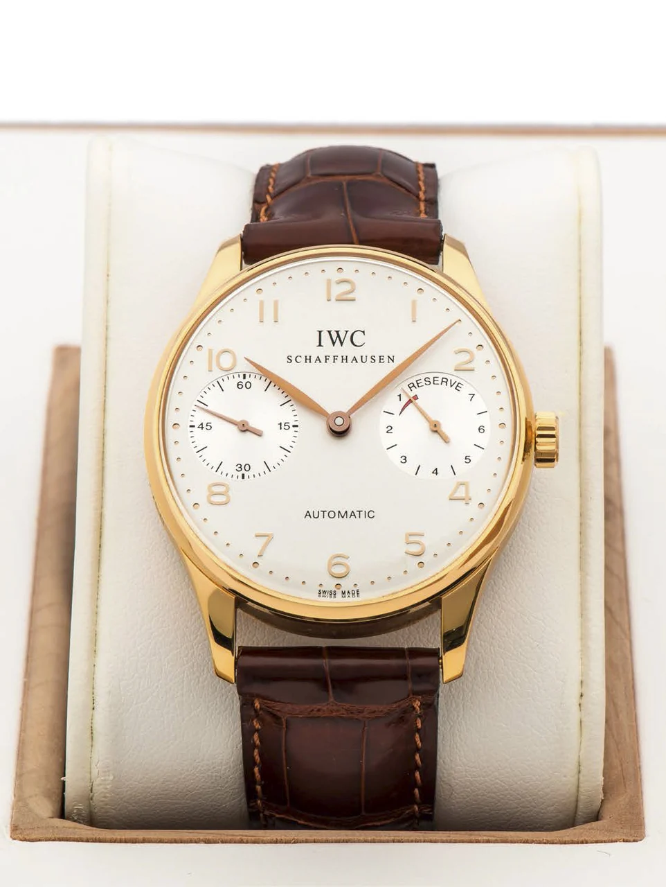 Iwc Portugieser IWC PORTUGIESER REF. 5000 POWER RESERVE ROSE GOLD LIMITED EDITION, 403/750 A very fine and rare self-winding 18K rose gold wristwatch with 7-day power reserve indication. kol saati