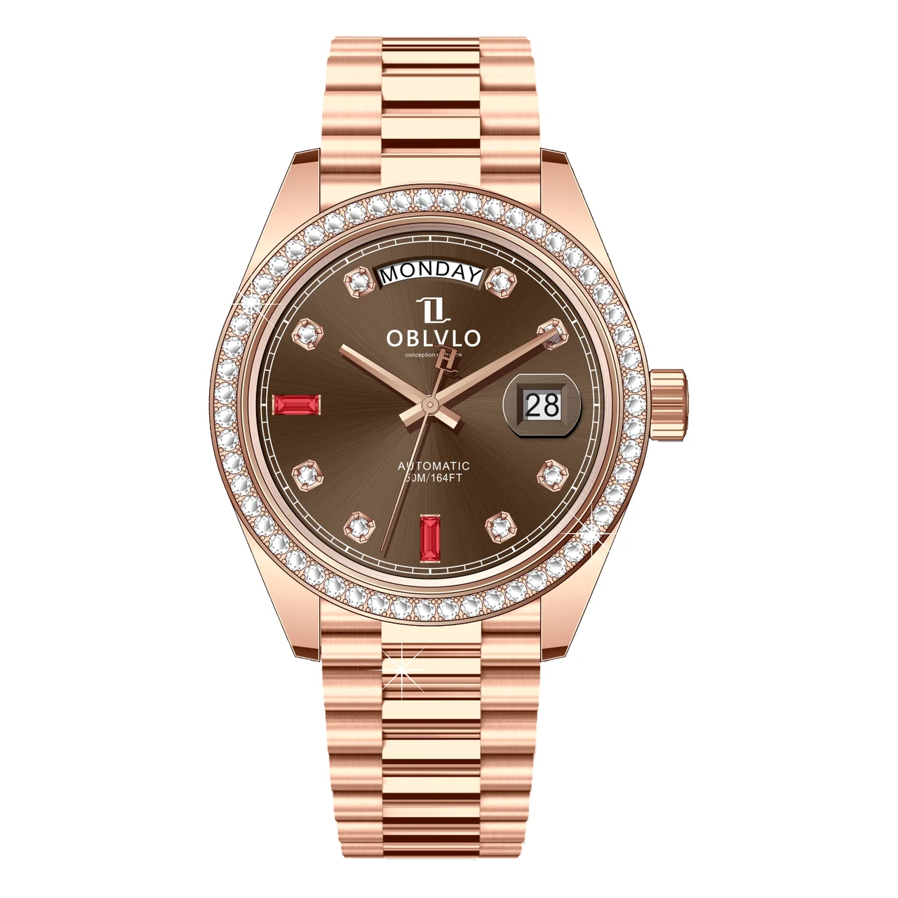 OBLVLO bezel,Rose Gold Steel Strap ,Rose Gol RX Series,40mm,diamond bezel,Rose Gold Steel Strap ,Rose Gol 40 mm kol saati