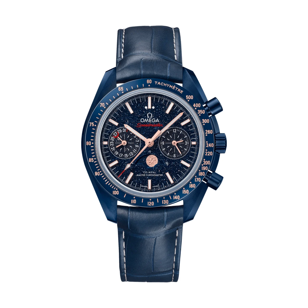 OMEGA Speedmaster Moonphase "Blue Side Of The Moon" Chronograph Ceramic 44.25mm - Blue on Leather Strap O30493445203002 kol saati