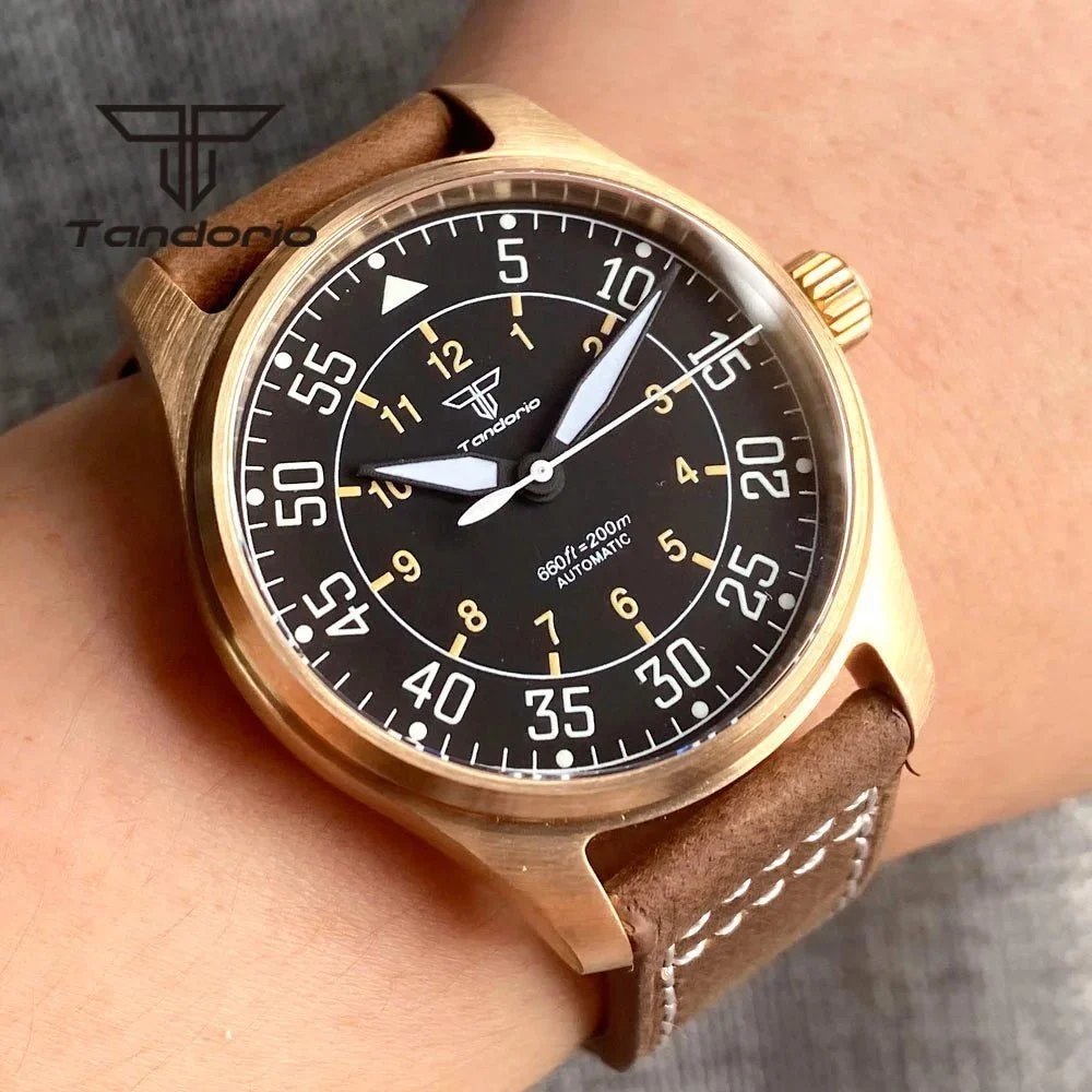 Tandorio Bronze Watch TD131 200m Pilot PT5000 NH35A Automatic Sapphire 39mm 14:94#bronze case-no logo;5:57000035#PT5000 movement 39 mm kol saati