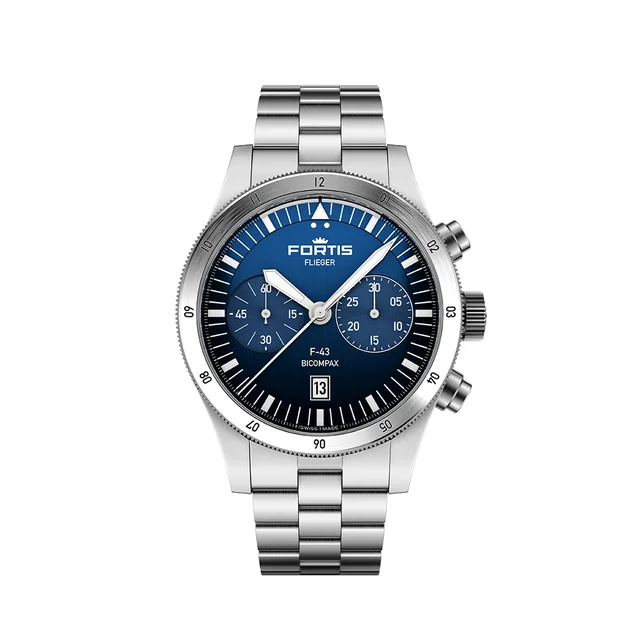 Fortis Flieger F-43 Bicompax Liberty blue on block bracele Fortis • Flieger F-43 Bicompax