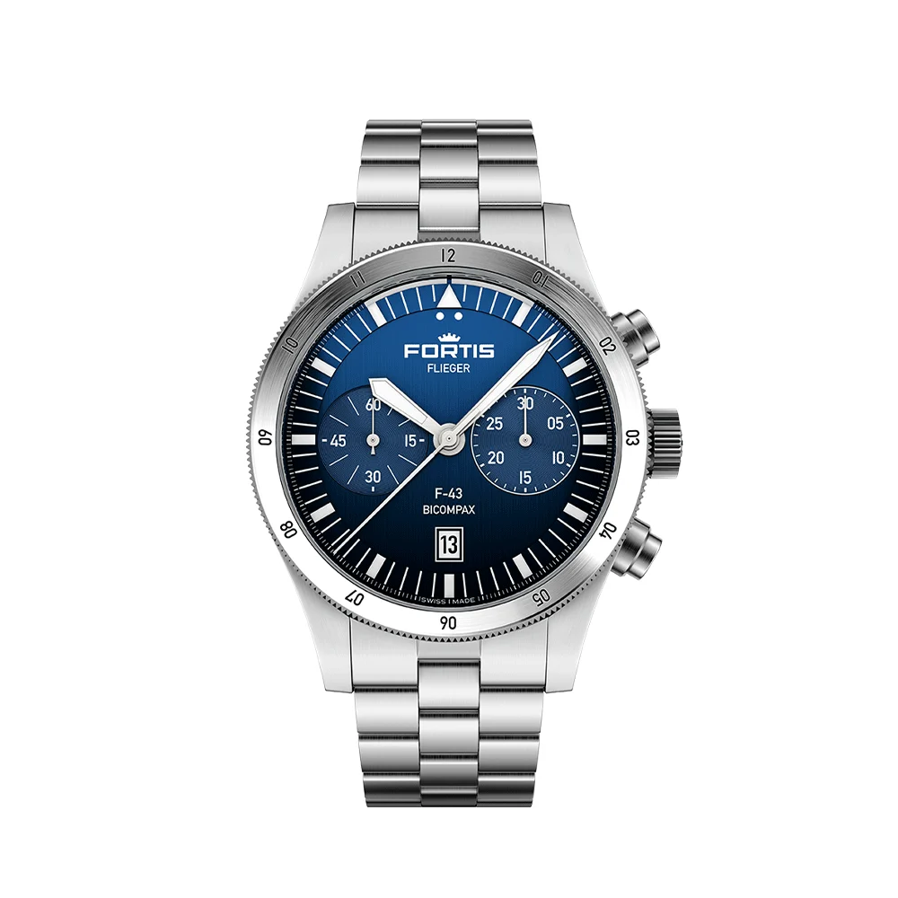 Fortis Flieger F-43 Bicompax Liberty blue on block bracele Fortis • Flieger F-43 Bicompax Liberty blue on block bracele 43 mm kol saati