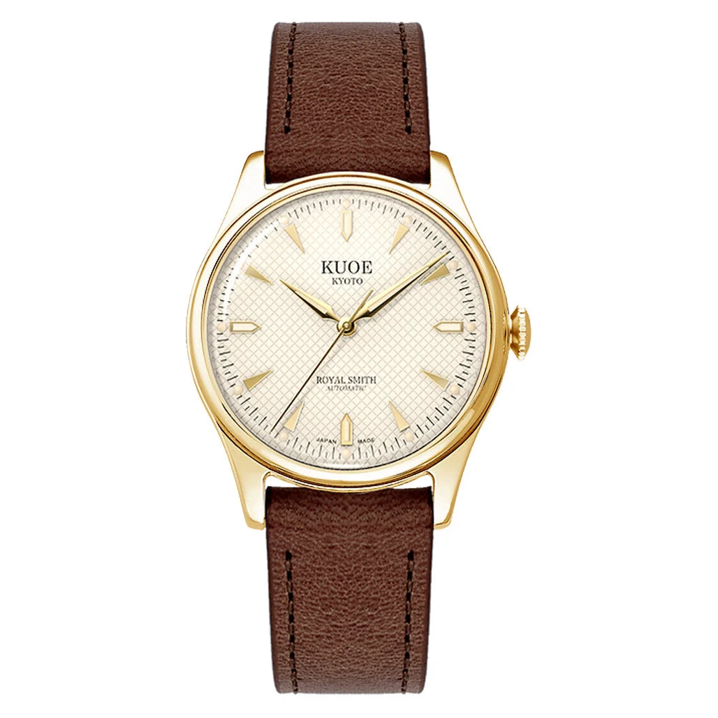 Kuoe Royal Smith 90-006 Automatic 35mm Goldtone Watch with Ivory Dial #RS90006C-GD-IV-IT-DBR-SA 35 mm kol saati