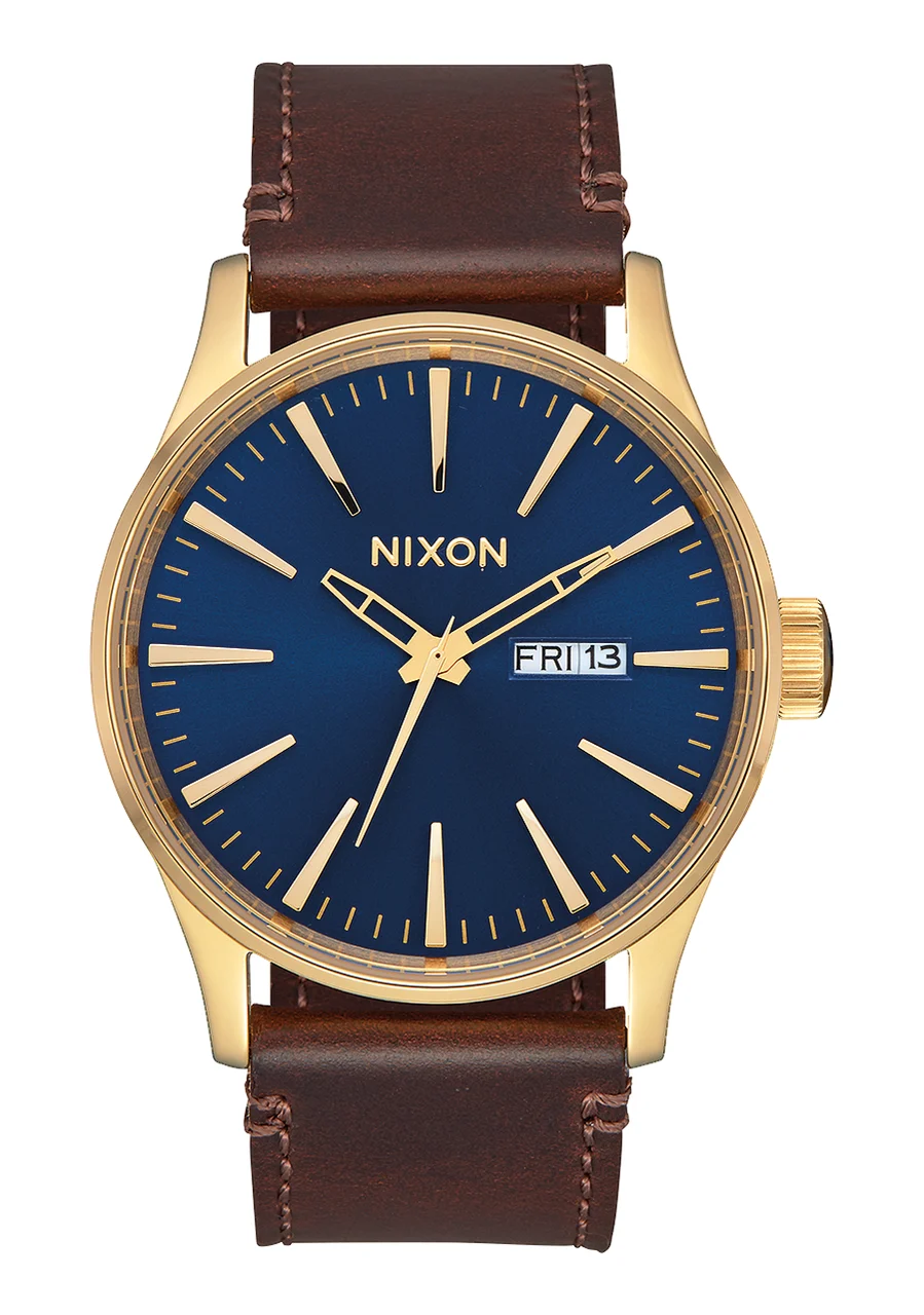 Nixon US Sentry Leather - Polished Gold / Navy Sunray A105-3320-00 42 mm kol saati