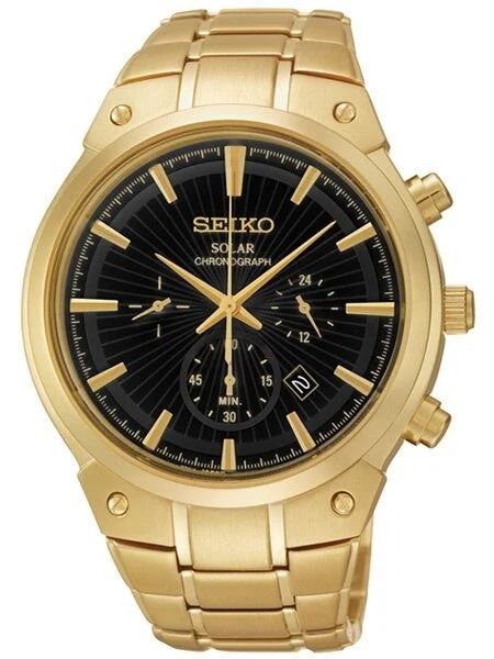 Seiko Goldtone Solar Chronograph with 60-Minute Stopwatch and 24-Hour Sub-Dial #SSC320 43 mm kol saati