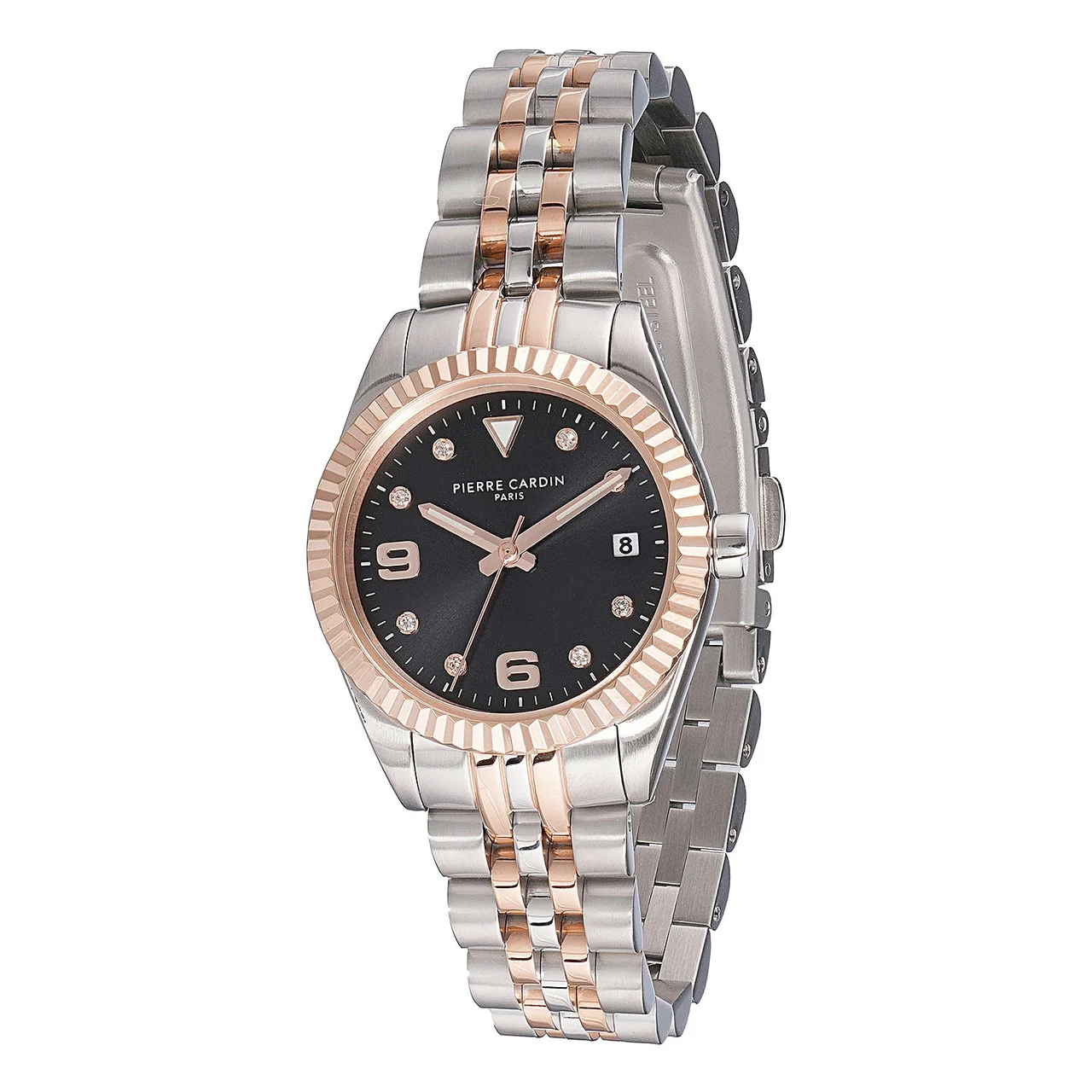 OPERA Timbre Women’s Watch - Two-Tone Rose Gold & Silver Case, Black Dial with Crystal Indexes and Two-Tone Jubilee Strap CF.1012.MU.1 28 mm kol saati