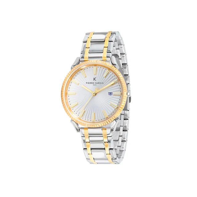 PIGALLE MENS Pigalle Two Tone Metal Link Watch in Gold and Silver with Fluted Bezel and Si