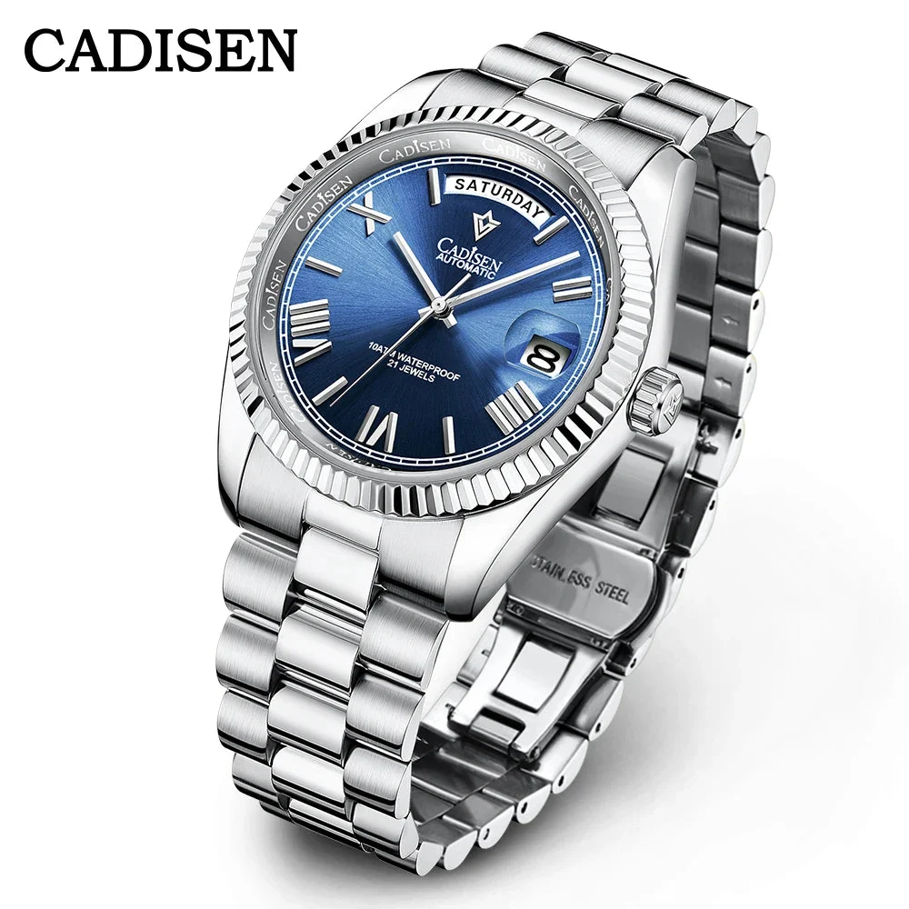 Tandorio Watches CADISEN C8185 DD40 Day-Date Watch MIYOTA 8285 40MM Sapphire 10Bar 14:29#white 40 mm kol saati