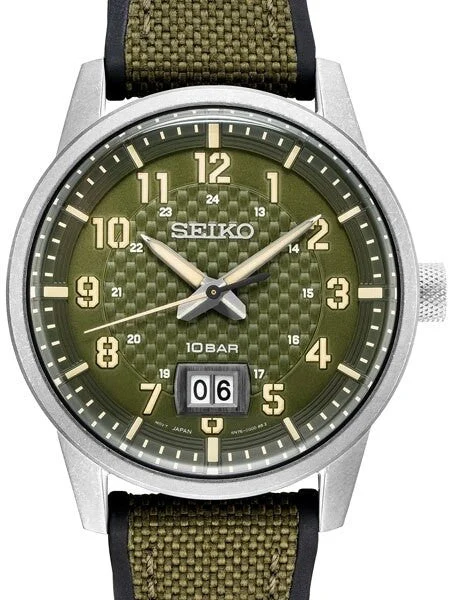 Seiko Big Date Quartz Sport Watch with Carbon Fiber Style Dial #SUR323 41 mm kol saati