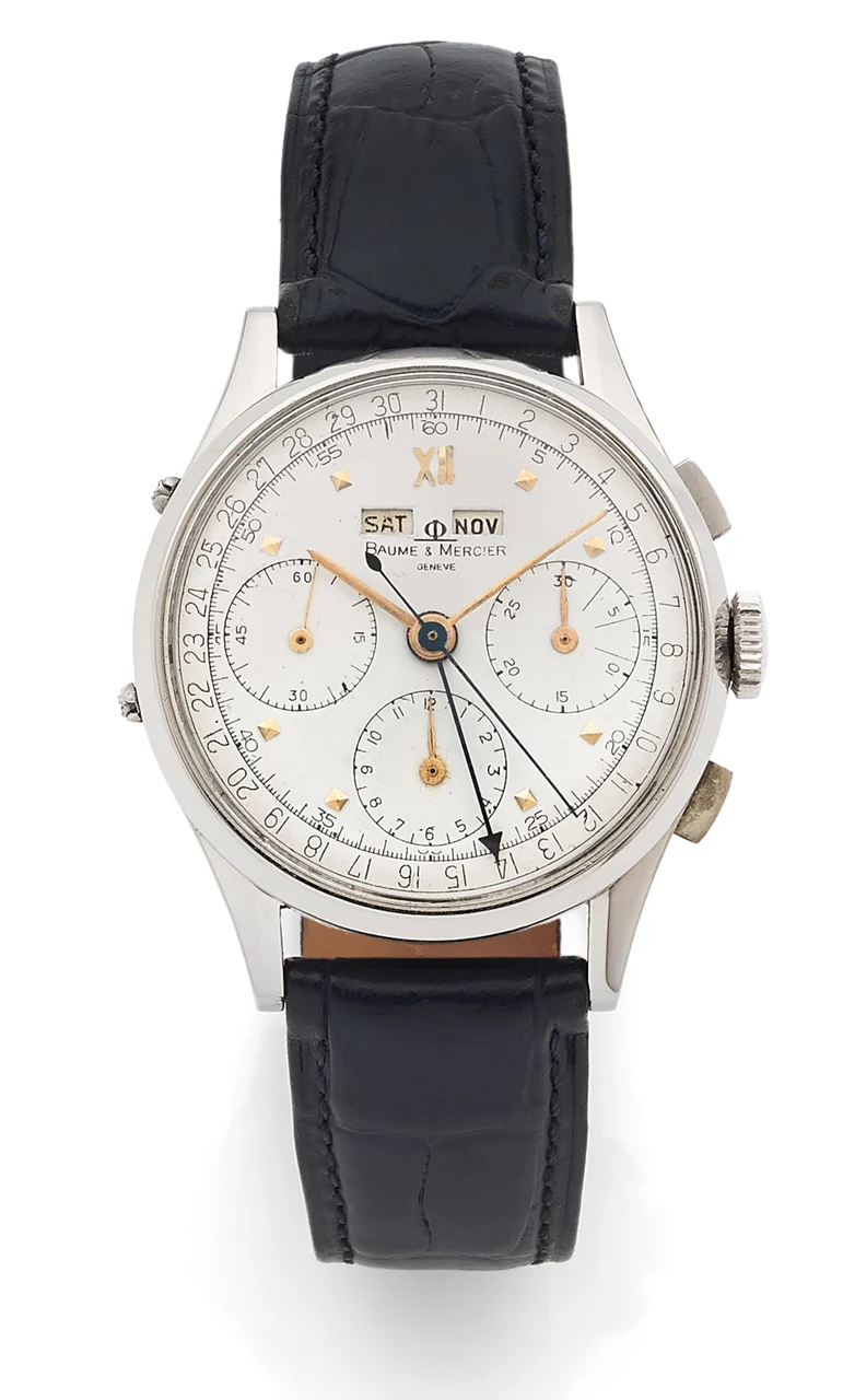 Baume & Mercier Ref. 1902, chronograph, minute and hour counters, triple date à guichets (with apertures), moon phases, calibre Valjoux 72 C; stainless steel kol saati