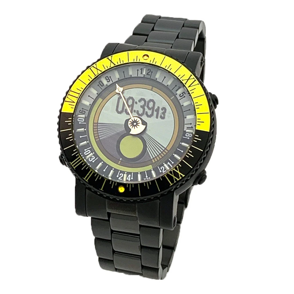 YES Black Titanium World Time Watch with Yellow Accents and Titanium Bracelet #7B-OO-S3 46 mm kol saati