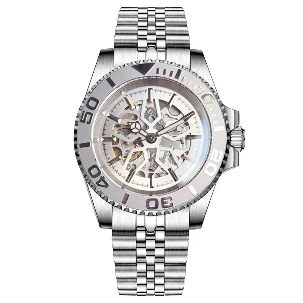 Tandorio Hollow Yacht Watch 20bar Skeleton Diver 40mm TD166 Sapphire Glass back 14:100005979#silver-strap B;5:56964930#solid back 40 mm kol saati