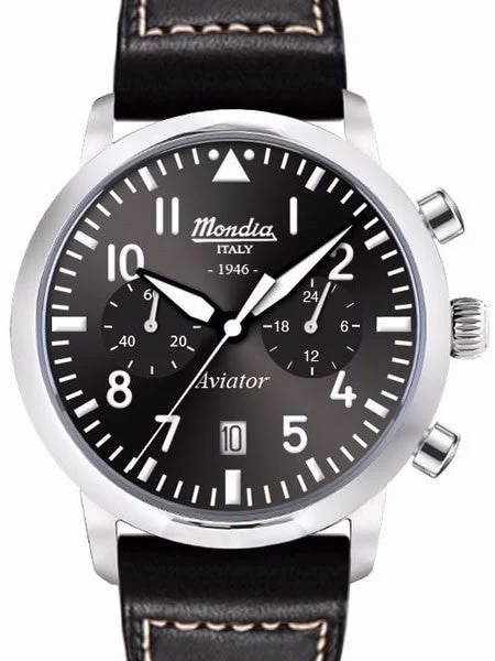 Mondia Quartz Chronograph Watch with Stopwatch, 24-Hour Sub-Dial #MI-781-SS-03BK-CP 42 mm kol saati