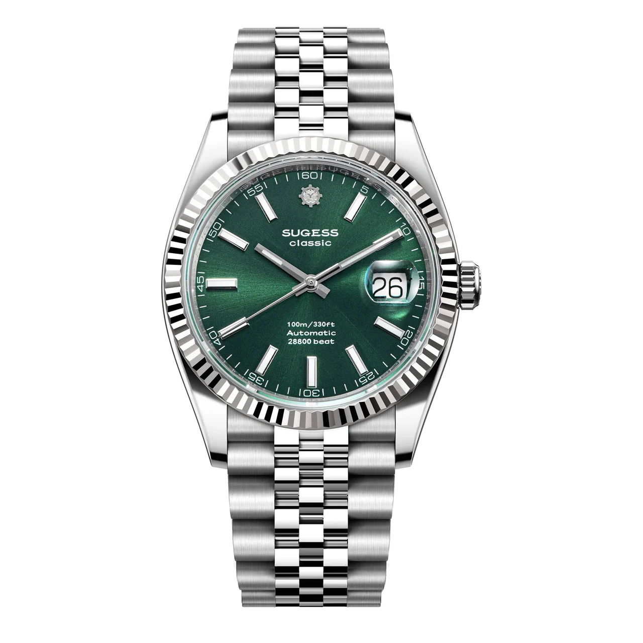 Sugess Automatic Classic S448 Green Dial Fluted Bezel Jubilee Brace 40 mm kol saati
