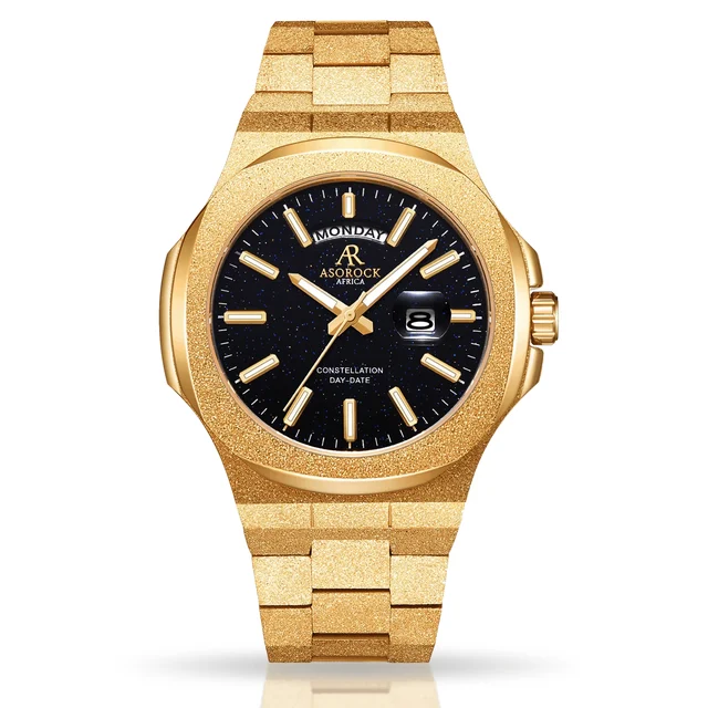 ASOROCK WATCHES Gold/Black Frosted Stardust Constellation Day Date kol saati