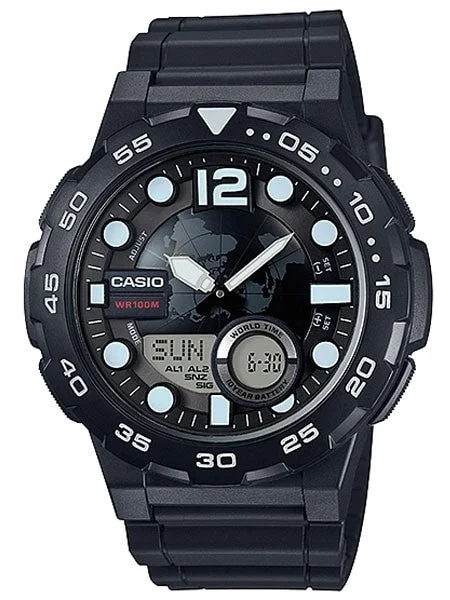 Casio Analog-Digital World Time Alarm Watch with 29 Time Zones #AEQ-100W-1A 47.7 mm kol saati