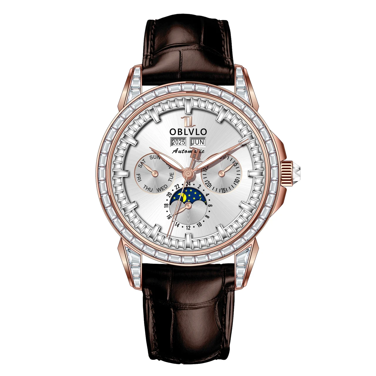 OBLVLO GCM Series,41mm,Brown Leather Strap ,Diamond Bezel, White Di 41 mm kol saati