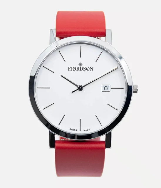 Fjordson White Dial With Red Rubber Strap - Watch #9142 | White Dial With Red Rubber Strap