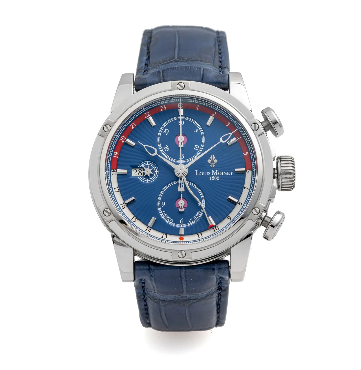 Louis Moinet Ref. LM024, self-winding, chronograph, minute and hour counters, date, AM-PM indication, two-time zone; “Geograph Australian Edition”; limited edition of 30 examples, No. 00 / 30; stainless steel kol saati