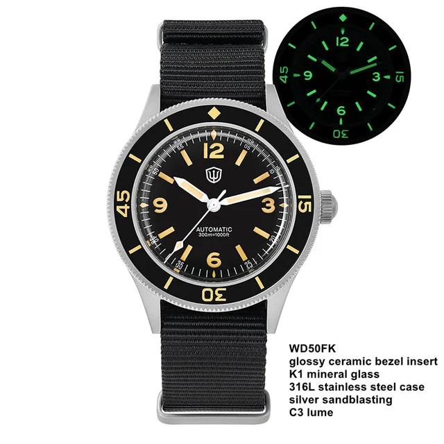 Watchdives Vintage 50-Fathoms NH35 Dive Watch V2 Watchdives-五十寻-黄369-K1玻璃-亮圈 NH38黑尼龙 435 k