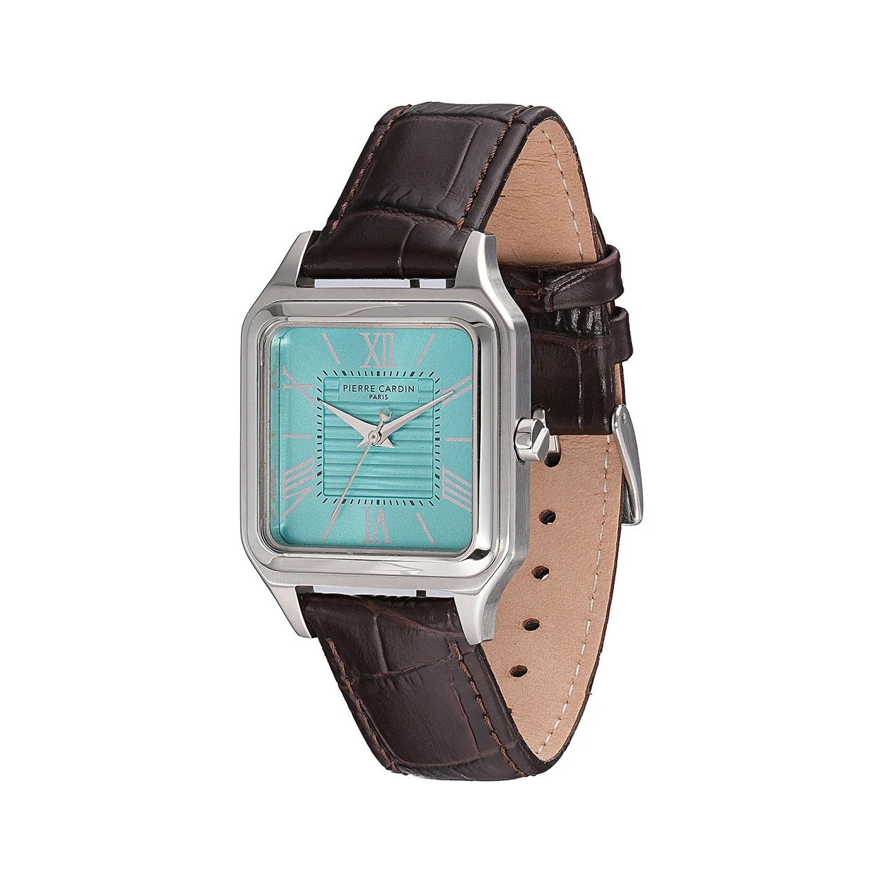 Ménilmontant Carré Men’s Square Watch - Silver Case, Celeste Blue Dial with Brown Leather Strap CF.1006.LG.1 31.4 mm kol saati