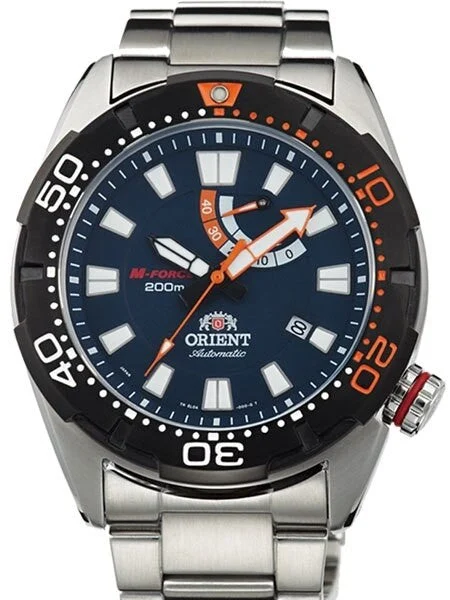 Orient M-Force Bravo Automatic Blue Dive Watch with Power Reserve Meter #EL0A002D 45 mm kol saati