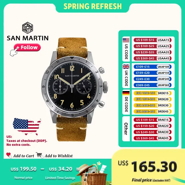 San Martin Vintage Men Watch Military Style VK64 Pilo San Martin 39.5mm Vintage Men Watch