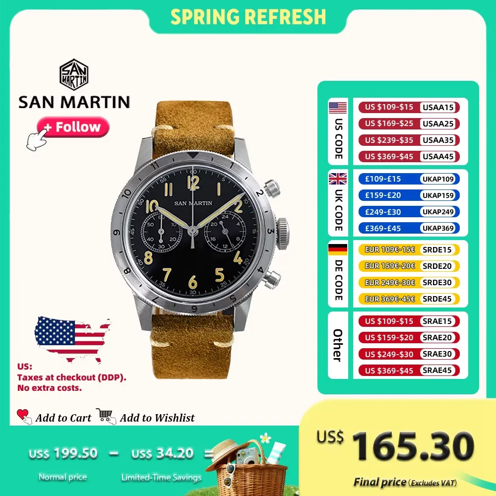 San Martin Vintage Men Watch Military Style VK64 Pilo San Martin 39.5mm Vintage Men Watch Military Style VK64 Pilo 40 mm kol saati