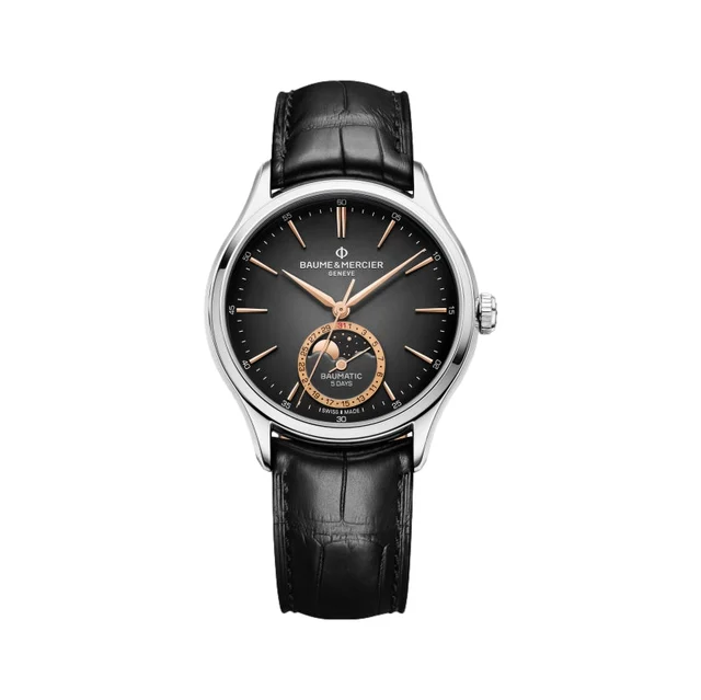 Baume Et Mercier Clifton 10758 Moonphase 39mm - Grey on Leather Strap M0A10758 kol saati