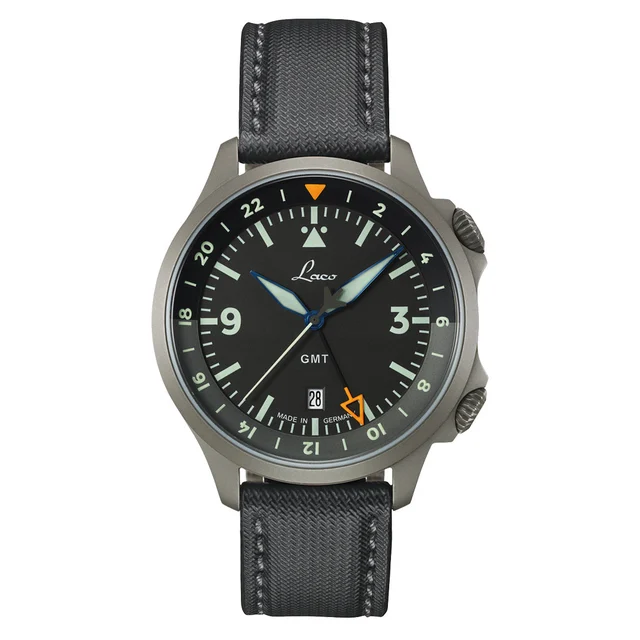 Laco Frankfurt Swiss Automatic GMT Dual-Time Pilot Watch with Double-Dome AR Sapphire Crys