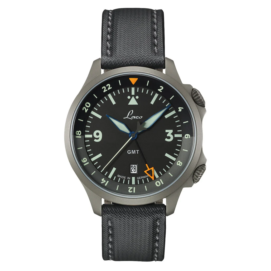 Laco Frankfurt Swiss Automatic GMT Dual-Time Pilot Watch with Double-Dome AR Sapphire Crystal #862120 43 mm kol saati