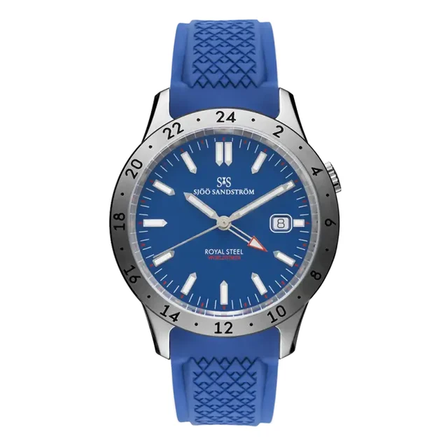 Sjöö Sandström Royal Steel Worldtimer SS-1841-WT Blue / Rubber kol saati