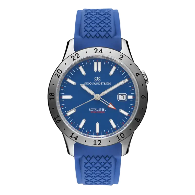 Sjöö Sandström Royal Steel Worldtimer SS-1841-WT Blue / Rubber 41 mm kol saati