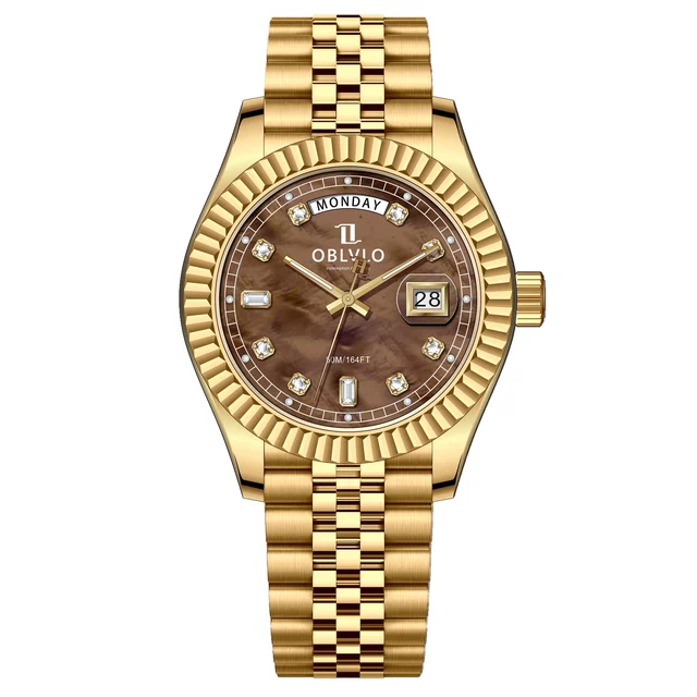 OBLVLO Steel Strap ,Brown Dial RX-VJ-GOGS RX Series,39mm,Gold Steel Strap ,Brown Dial RX-V