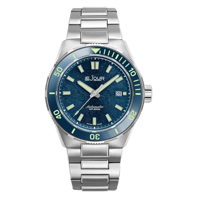 Le Jour Coral Automatic Swiss Dive Watch with Blue Textured Dial #LJ-CD-002 kol saati