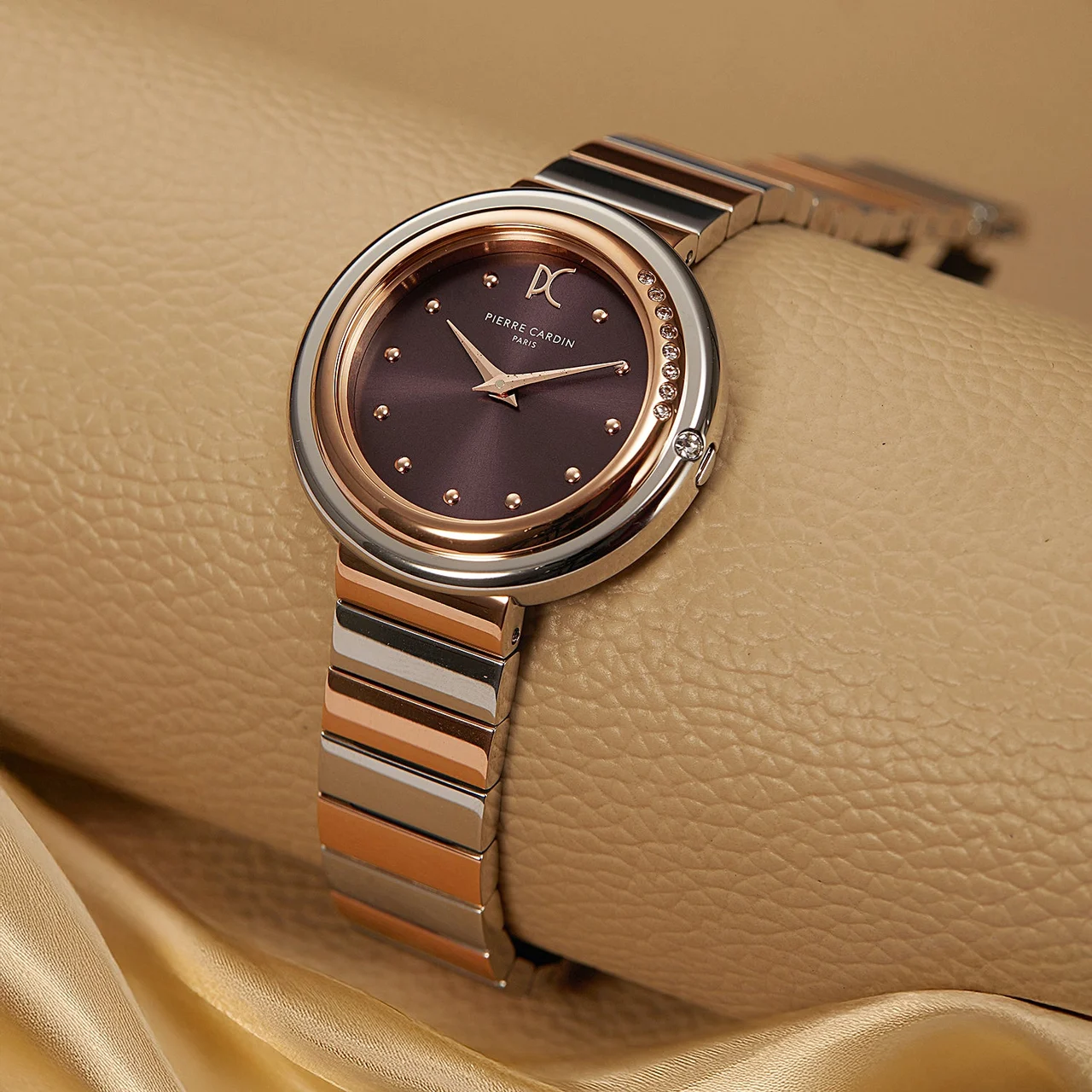 Passy Météore ’ Watch - Two-Tone Rose Gold & Silver Case with Plum Dial, Crystal Bezel, and Metal Link Strap CF.1010.MU.1 32 mm kol saati