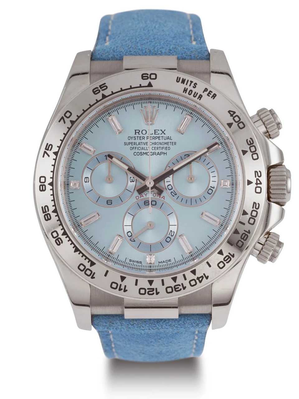 Rolex-Property Of Ellen Degeneres ROLEX-PROPERTY OF ELLEN DEGENERES REF. 116519 "BAGUETTE DIAMONDS" BLUE JEANS Very fine and rare, special editions, self-winding, water-resistant, 18K white-gold wristwatch with round button chronograph, registers, white-gold bezel with tachometer scale. Blue dial with diamonds baguette indexes. Très belle et rare montre bracelet Chronographe 3 compteurs en or gris. Bo îtier rond. Couronne, poussoirs et fond vissés. Lunette or gris avec échelle tachymétrie. Mouvement automatique certifié chronomètre. Cadran bleu avec index baguettes en diamants. kol saati