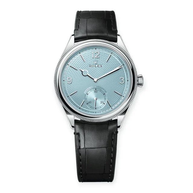 Rolex Platinum 39mm Ice Blue Dial Black Leath Pre-Owned Rolex 1908 Platinum 39mm Ice Blue